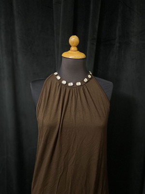 Mini dress with open back and stones on neckline, brown, size M, like new