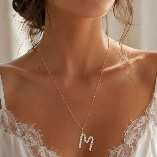 Pearl monogram necklace with stainless steel chain, letter M