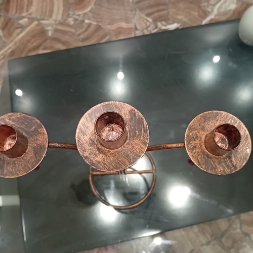 Metal candlestick with copper-bronze finish and purple beads, like new