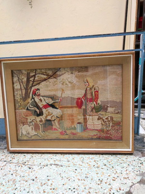 Embroidered frame with bucolic theme used, large