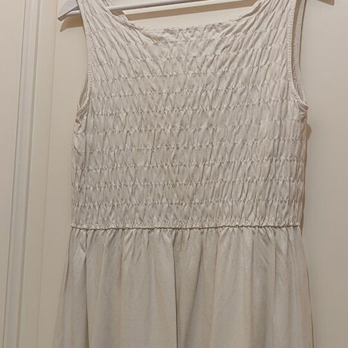 Boho dress with smocked bodice and wooden belt set, like new, white/cream