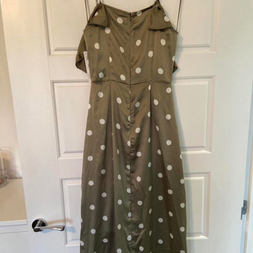 Zara Satin Khaki Polka Dot Open Shoulder Midi Dress Size Medium like new