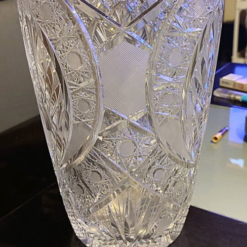 Crystal vase handmade vintage French, engraved with diamond