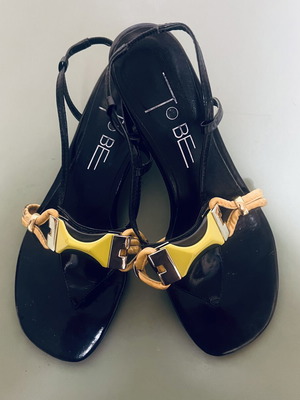 Women's sandals size 35, like new, black patent with gold details