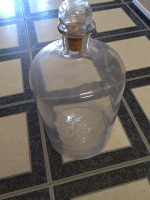 Glass bottle with cork stopper used, height 43cm diameter 20cm