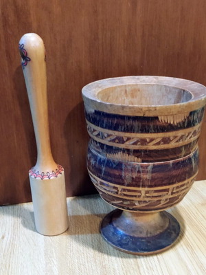 Wooden Mortar and Pestle used, antique 1940s-50s