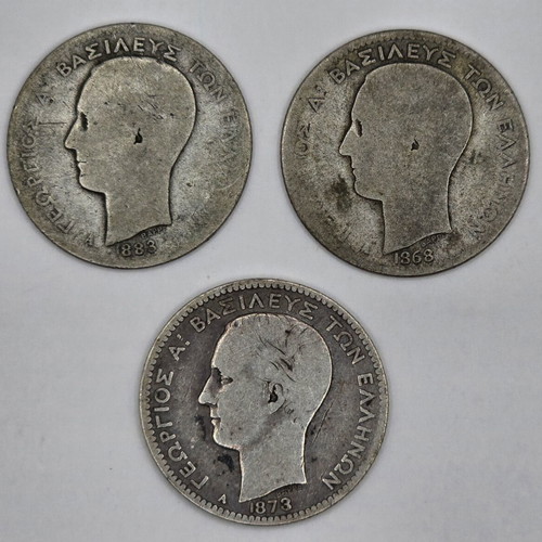 Silver coins used, 3 pieces 1 Drachma King George I 1868-1883