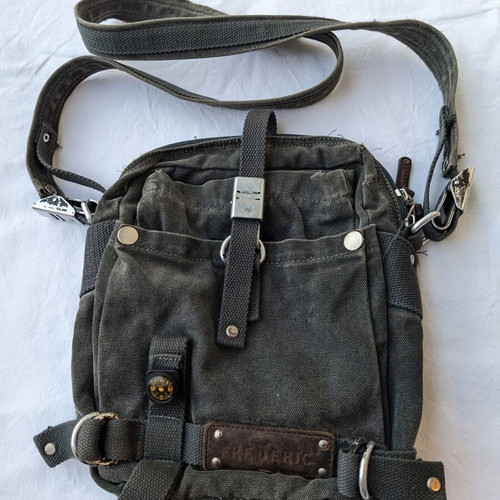 Frederic shoulder bags used, jean fabric, gray and green