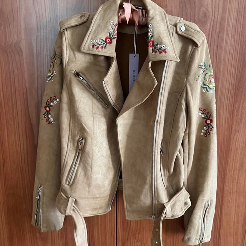 Biker jacket new, vegan suede with embroidery, size S-M