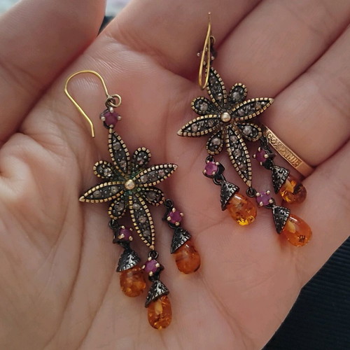 Earrings used silver-gold with diamonds, rubies and amber
