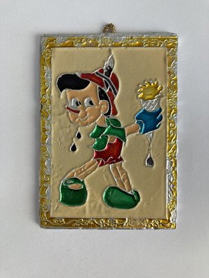 Copper hanging plaque Pinocchio used, 1970s style embossed metal
