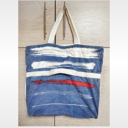 Benetton Shoulder Tote Beach Bag 100% Cotton Like New, White Blue