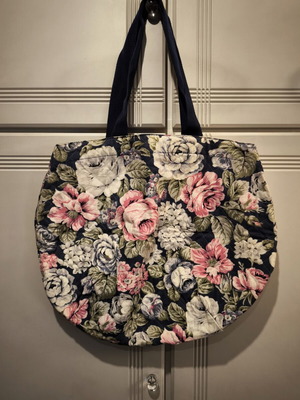 Tote floral canvas shoulder bag new, grey-blue background with flowers