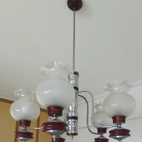 Φωτιστικό οροφής vintage 70s 5φωτο με inox σκελετό και ξύλινα στοιχεία