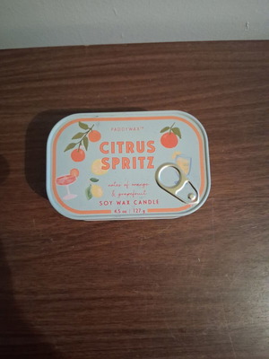 Paddywax Citrus Spritz metal tin box used, sardine style