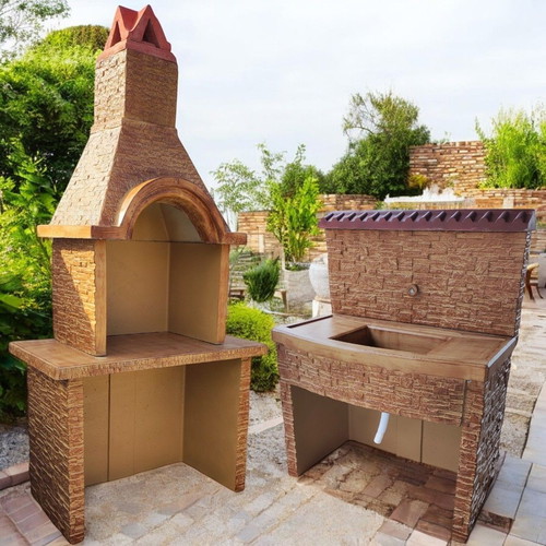 Vanessa Outdoor Kitchen Set New Concrete Barbecue with Sink Beige and Brown
