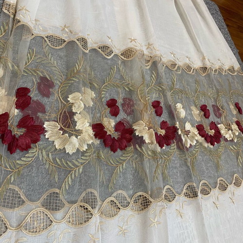 Living room curtain beige with burgundy floral lace, like new, set of 2