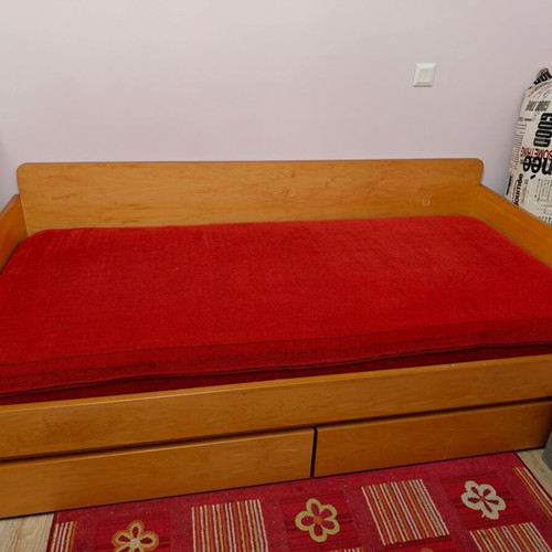 Custom solid beech wood sofa bed with storage drawers and cushions