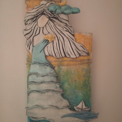 Mixed Media Ceramic 3D Figure on Wood, like new