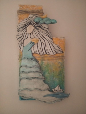 Mixed Media Ceramic 3D Figure on Wood, like new