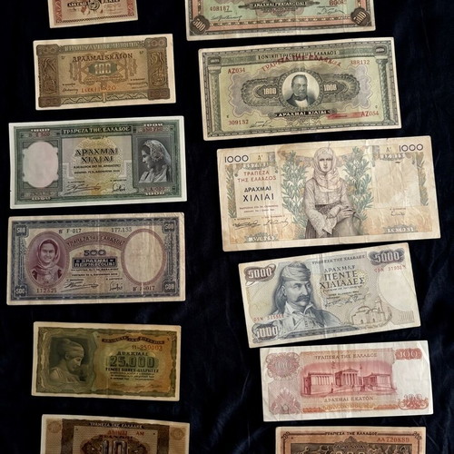 Collection of 12 Rare & Collectible Greek Drachma Banknotes 1926-1978
