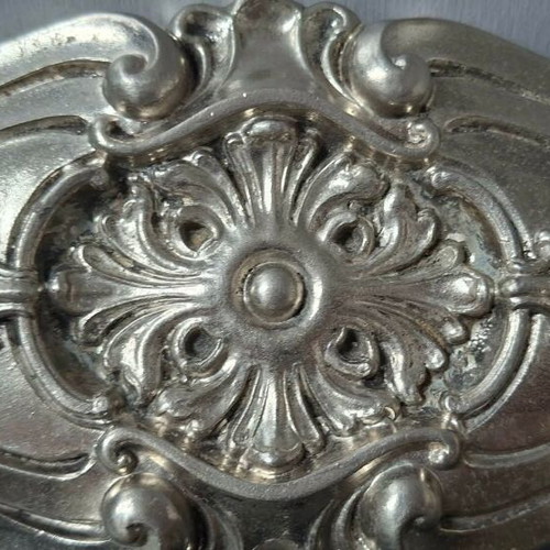 Large Italian door handle used, silver antique with embossed motifs
