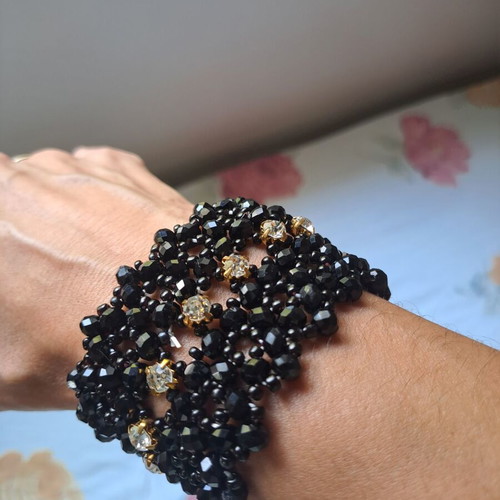 Handmade cuff bracelet with black crystal beads and rhinestones