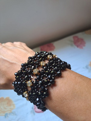 Handmade cuff bracelet with black crystal beads and rhinestones