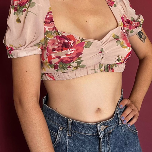 Cropped floral blouse Zara used, pink multicolor, summer short sleeves