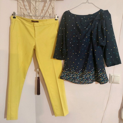 Office pants and top with hearts used, yellow and blue
