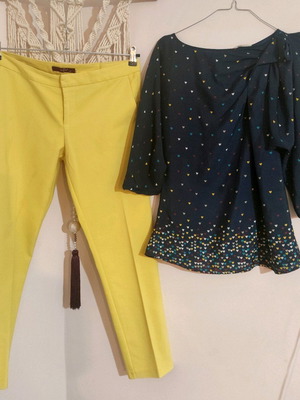 Office pants and top with hearts used, yellow and blue