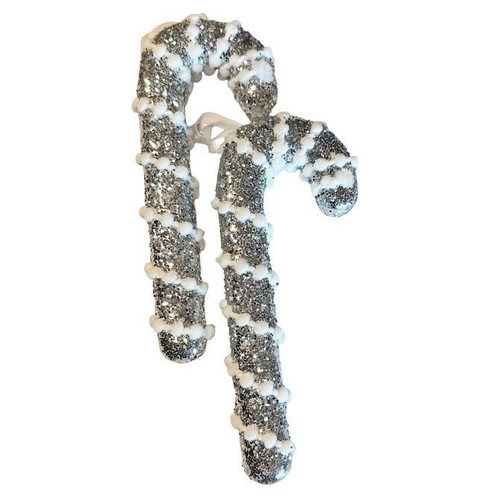 Decorative hanging silver candy canes set of 2 17cm new