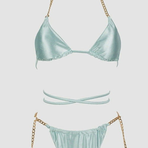 Satin triangle bikini swimsuit with chains light blue
