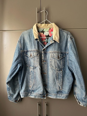 Vintage oversized denim jacket Benetton used with colorful flowers