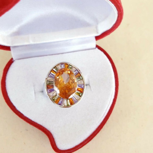 Oval Stainless Steel Ring with Multicolored Cubic Zircon Stones like new
