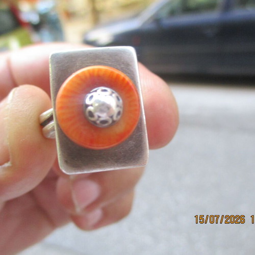 Silver ring with coral Bamboo, like new, adjustable size