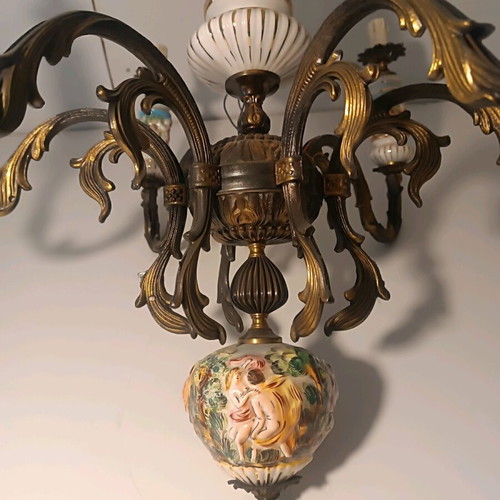 Antique 6-Light Chandelier like new with embossed colored designs