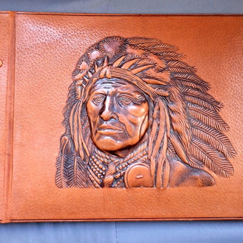 Leather photo album like new with embossed Native American chief design