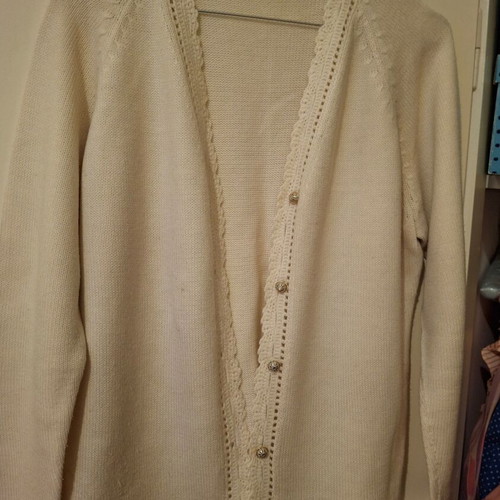 White wool cardigan with gold buttons, size M
