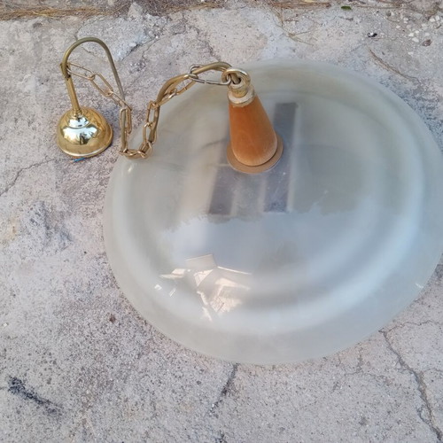 Glass ceiling light with double fluorescent lamp, wooden base, used