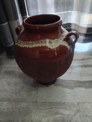Clay Kioupi pot with white decoration, traditional Greek pottery