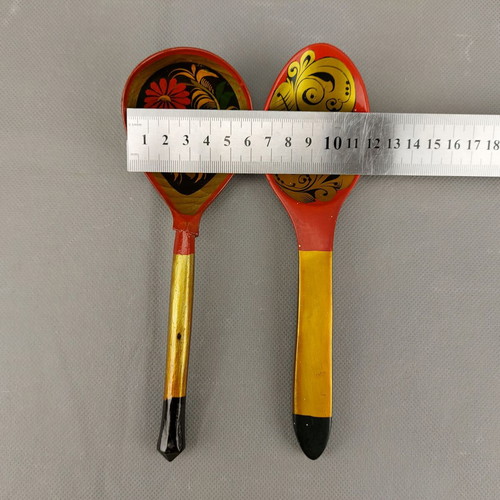 Old Hand-Painted Set of Two Russian Khokhloma Wooden Spoons Used