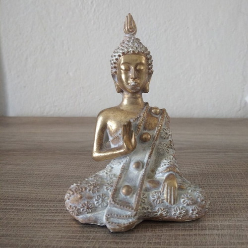 Feng Shui Sitting Buddha Statue used, resin, gold and white