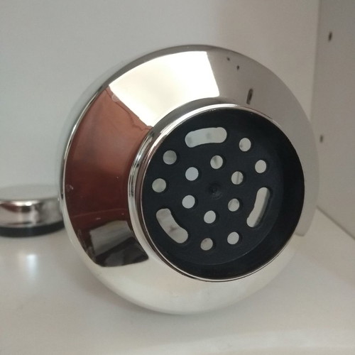 Acrylic shaker unused with strainer, measuring scale, and stainless lid