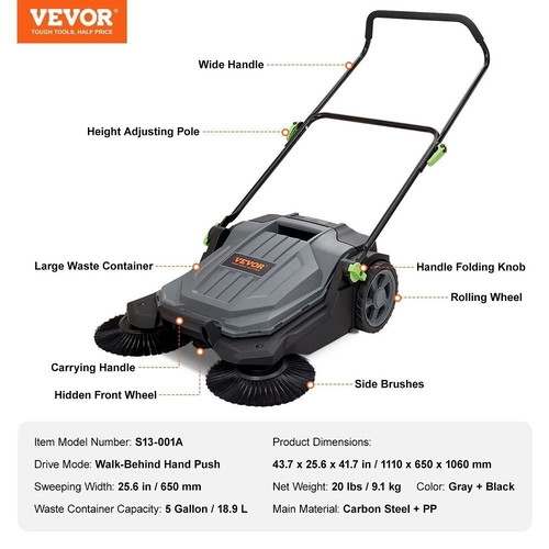 Vevor Manual Sweeper with 18.9 Lt Container