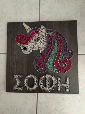 Handmade string art with name Sofi on wooden frame, new