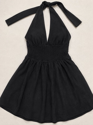 Bershka black dress halter with smocked waist size L like new