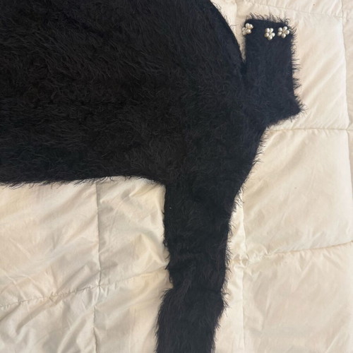 Fluffy black blouse like new with floral pearls, one sleeve, small medium