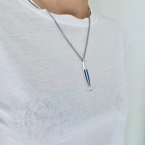 Necklace with steel fish-shaped pendant and blue details new