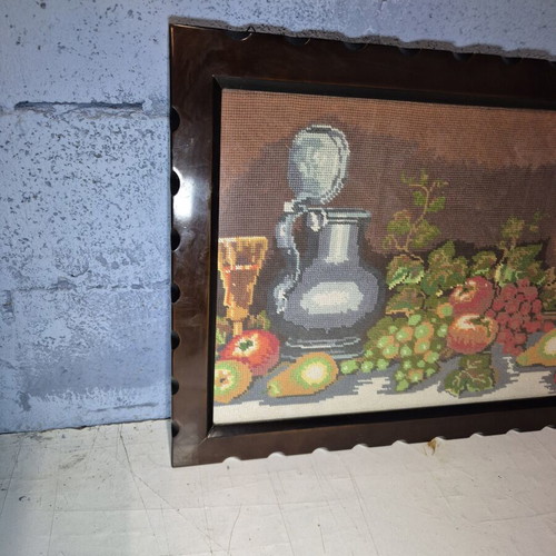 Textile embroidery artwork in frame like new with wooden mount